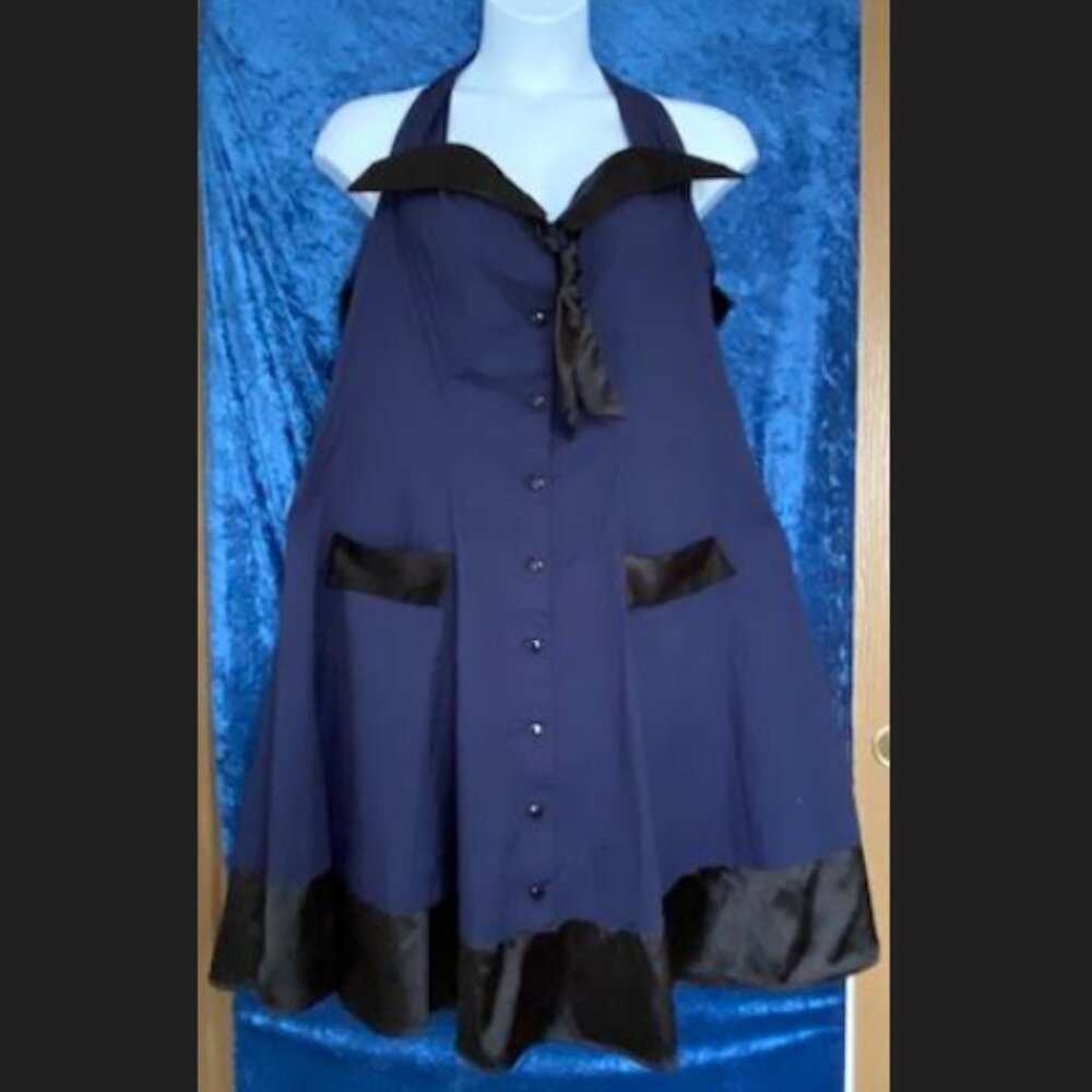 CHIC STAR Blue Retro Button Down Halter Dress, with Black Tri. Plus Size 20